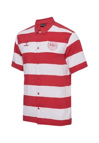 Rood en wit gestreept overhemd met korte mouwen en een button-down kraag. Voorzien van een geborduurd logo op de linkerborst en bijpassende knopen.