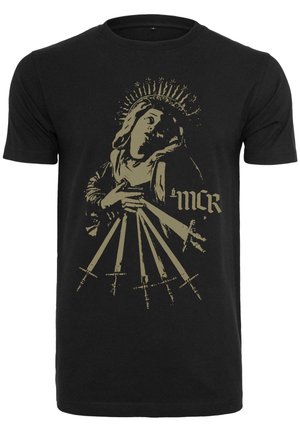Black cotton t-shirt featuring a gold graphic of a figure holding swords, with "MCR" text in a bold font at the bottom.