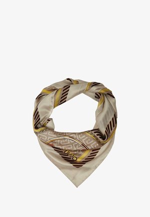 Sciarpa di seta con motivo geometrico in beige e marrone, con accenti gialli. Forma triangolare con texture liscia e lucida.