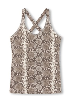 Top in tessuto leggero e testurizzato, con motivo in pelle di serpente marrone e design con schiena intrecciata.