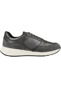 Dark gray leather sneaker with a textured finish, white midsole, round toe, and lace-up front. Features a padded collar for comfort.