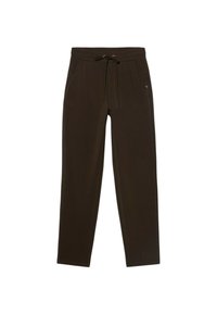 Brązowe dresy z elastycznym paskiem w talii, dwoma bocznymi kieszeniami i zwężanym krojem nogawki. Miękka faktura z delikatnym połyskiem.