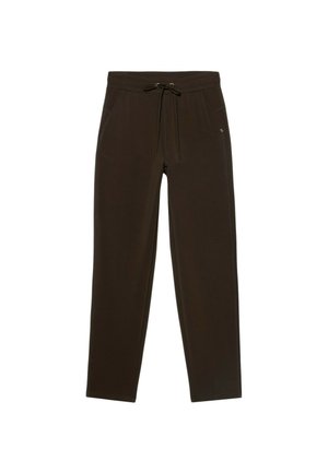 Pantalon de survêtement marron avec taille à cordon, deux poches latérales et design de jambe fuselée. Texture douce avec un léger brillant.