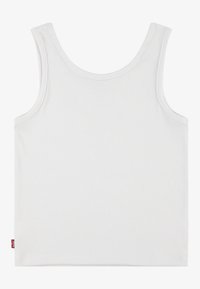 Canotta bianca a coste con ampie aperture per le braccia e scollatura arrotondata. Presenta un piccolo etichetta rossa sul lato sinistro in basso.