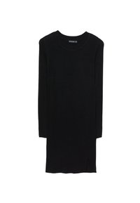 Robe noire en tricot à manches longues, décolleté rond et fente sur le côté. Le tissu a une texture lisse et une silhouette ajustée.