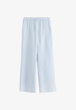 Ljust blå byxor i bomullsblandning med en texturerad, ribbad mönster, med elastisk midja och snörning samt vida, korta ben.