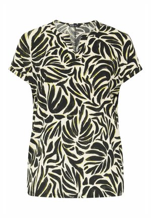 Short-sleeve women's top with black and white tropical leaf pattern and subtle yellow accents, featuring a small notch neckline.