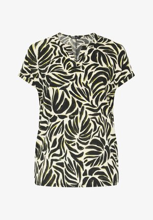 Damenoberteil mit kurzen Ärmeln, schwarz-weißem tropischem Blattmuster und dezenten gelben Akzenten, mit kleinem Ausschnitt.