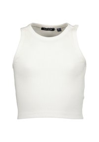 Top corto bianco a costine, senza maniche e con scollatura tonda. Il tessuto ha una leggera texture, design aderente con linee pulite. Etichetta: Blue Seven.