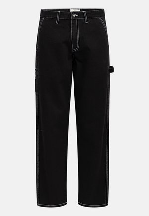 Schwarze Denim-Hosen mit weißen Nähten, geradem Bein-Design, Frontknopfverschluss und seitlichen Taschen details. Robustes Gewebe mit einer glatten Textur.