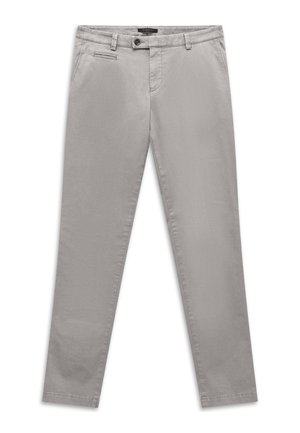 Hellgraue Herren-Slim-Fit-Hose mit Gürtelschlaufen, vorderer Knopf- und Reißverschluss, Seitentaschen und einer kleinen Münztasche.