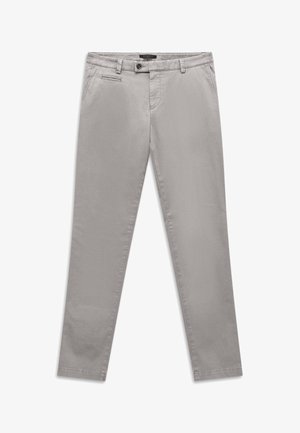 Hellgraue Herren-Slim-Fit-Hose mit Gürtelschlaufen, vorderer Knopf- und Reißverschluss, Seitentaschen und einer kleinen Münztasche.