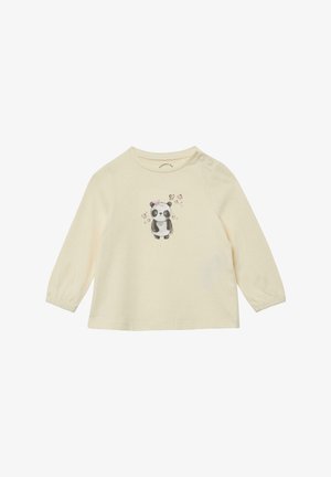 Kremowa koszula z długim rękawem, wykonana z miękkiego materiału, z grafiką pandy z różową kokardką i motylkami, oraz zapięciem na napy na ramieniu.