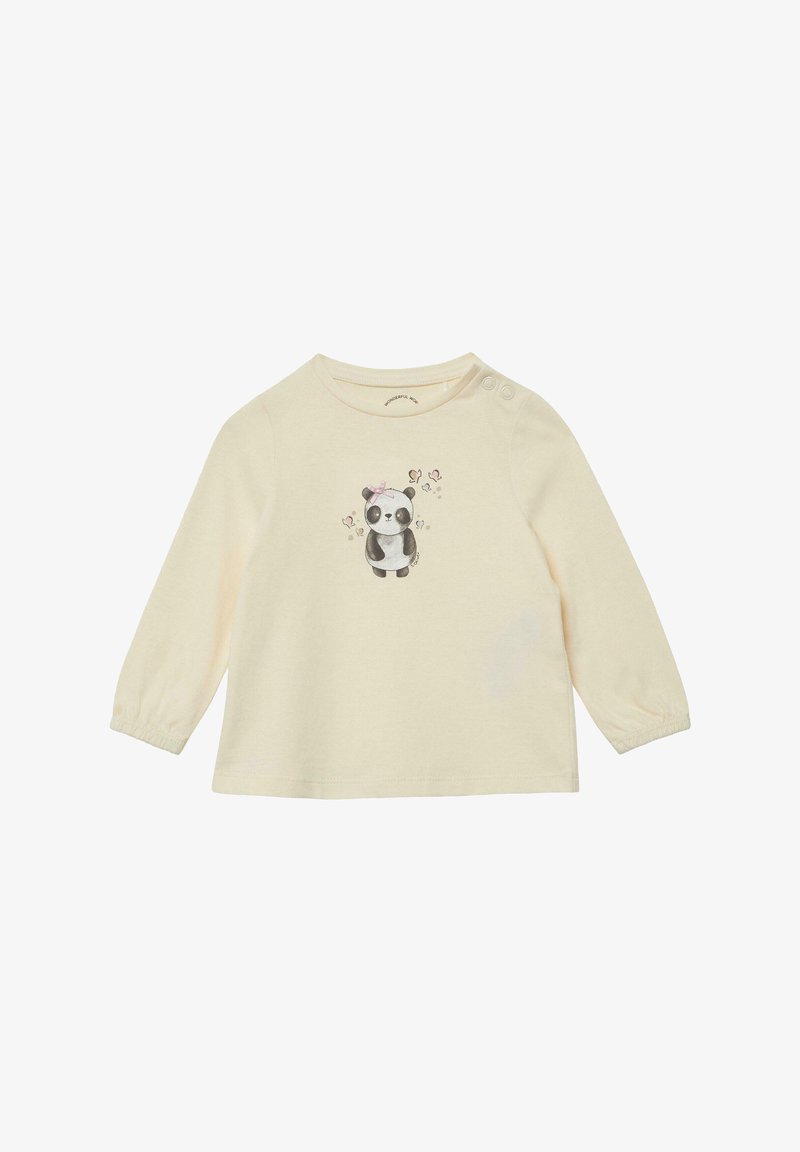 Kremowa koszula z długim rękawem, wykonana z miękkiego materiału, z grafiką pandy z różową kokardką i motylkami, oraz zapięciem na napy na ramieniu.