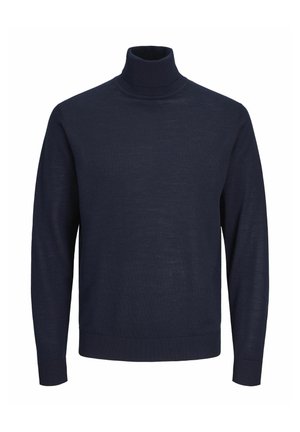 Sötétkék garbós pulóver könnyű kötött anyagból. Hosszú ujjakkal, bordázott mandzsettákkal és aljjal rendelkezik. Egyszerű, egyszínű design.