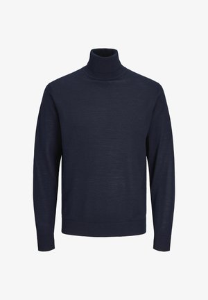 Tumed sinine kõrge kaelusega kampsun, mis on valmistatud kergekootud materjalist. Omab pikki varrukaid ning soonikuid käe- ja alläärtes. Lihtne, ühevärviline disain.