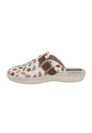 Zuecos de fieltro con una base de color crema claro, que presentan un patrón de hojas en varios colores, acentuación de hebilla marrón y una suela texturizada.