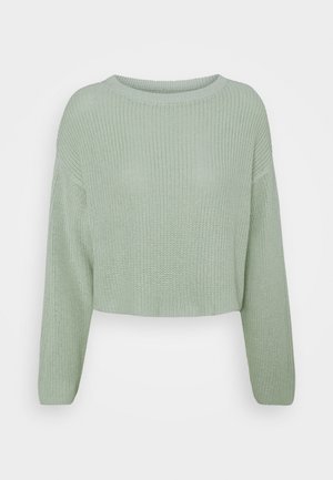 Jasnozielony, dziergany sweter z długimi rękawami i okrągłym dekoltem, prezentowany na jednolitym białym tle.