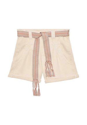 Pantalones cortos de algodón beige con un cinturón tejido a rayas que presenta acentos en rosa y azul. Bolsillos frontales con detalles de costura decorativa.