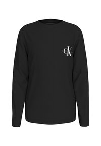 Černé tričko s dlouhým rukávem z bavlněné směsi, na levé straně hrudi s bílým logem a kulatým výstřihem. Měkká textura s volným střihem.