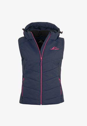 Marineblaue isolierte Weste mit durchgehendem Reißverschluss, kontrastierenden pinken Reißverschlüssen, Zickzack-Nähten und einer abnehmbaren Kapuze. Verfügt über zwei seitliche Taschen mit Reißverschluss.