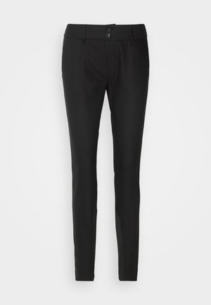 Černé kalhoty slim-fit vyrobené z hladkého materiálu. Mají dvojité zapínání, klasické kapsy a rovné nohavice s jemnými švy.