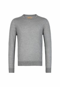 Grå tröja med rund halsringning, långa ärmar och ribbade muddar och fåll. Tillverkad av ett mjukt, lätt material med en slät yta.