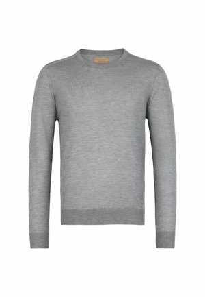 Grå sweater med rund halsudskæring, lange ærmer og ribstrikkede manchetter og kant. Lavet af et blødt, let materiale med en glat tekstur.
