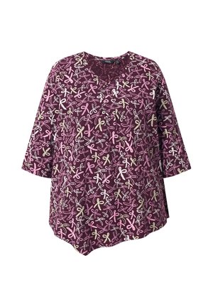 Maglietta bordeaux con vestibilità ampia, dotata di scollatura a V e maniche 3/4. Presenta un motivo di fiocchi multicolori in rosa, bianco e verde.