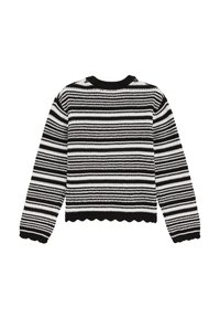 Svart- och vitrandig tröja, stickad textur, scalloped kant vid fållen och ärmarna, rund krage, lång ärm, kort design.