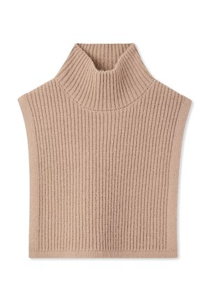 Maglione a collo alto in maglia a coste beige, senza maniche, con un motivo testurizzato e una silhouette aderente.