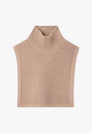 Beżowy sweter z prążkowanej dzianiny, typu golf, z wysokim kołnierzem i bez rękawów, z teksturowanym wzorem i dopasowanym krojem.