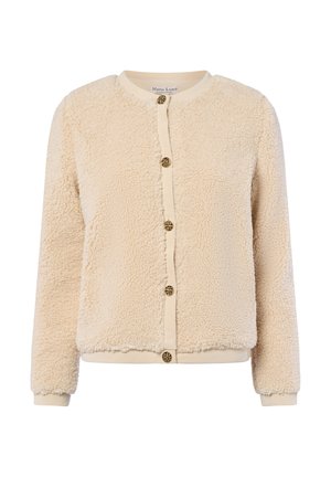 Cremfarbener, flauschiger Fleece-Jacke mit rundem Halsausschnitt, Knopfvorderverschluss und gerippten Bündchen. Mit goldfarbenen Knöpfen und einer weichen Textur.