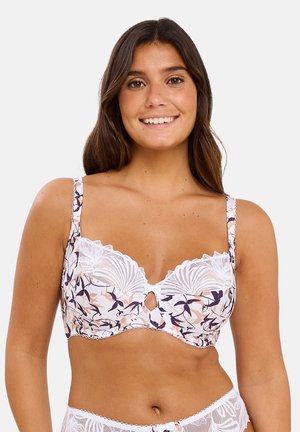 Soutien-gorge blanc à motif floral avec des finitions en dentelle, détail en trou de serrure au centre et bretelles réglables. Tissu lisse avec une légère brillance.