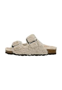 Sandalen van namaakbont in crème met twee verstelbare zilverkleurige metalen gespen, kurken voetbed en een getextureerde rubberen buitenzool voor grip.