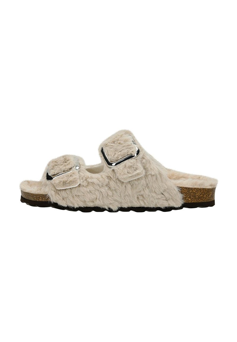 Sandalen van namaakbont in crème met twee verstelbare zilverkleurige metalen gespen, kurken voetbed en een getextureerde rubberen buitenzool voor grip.