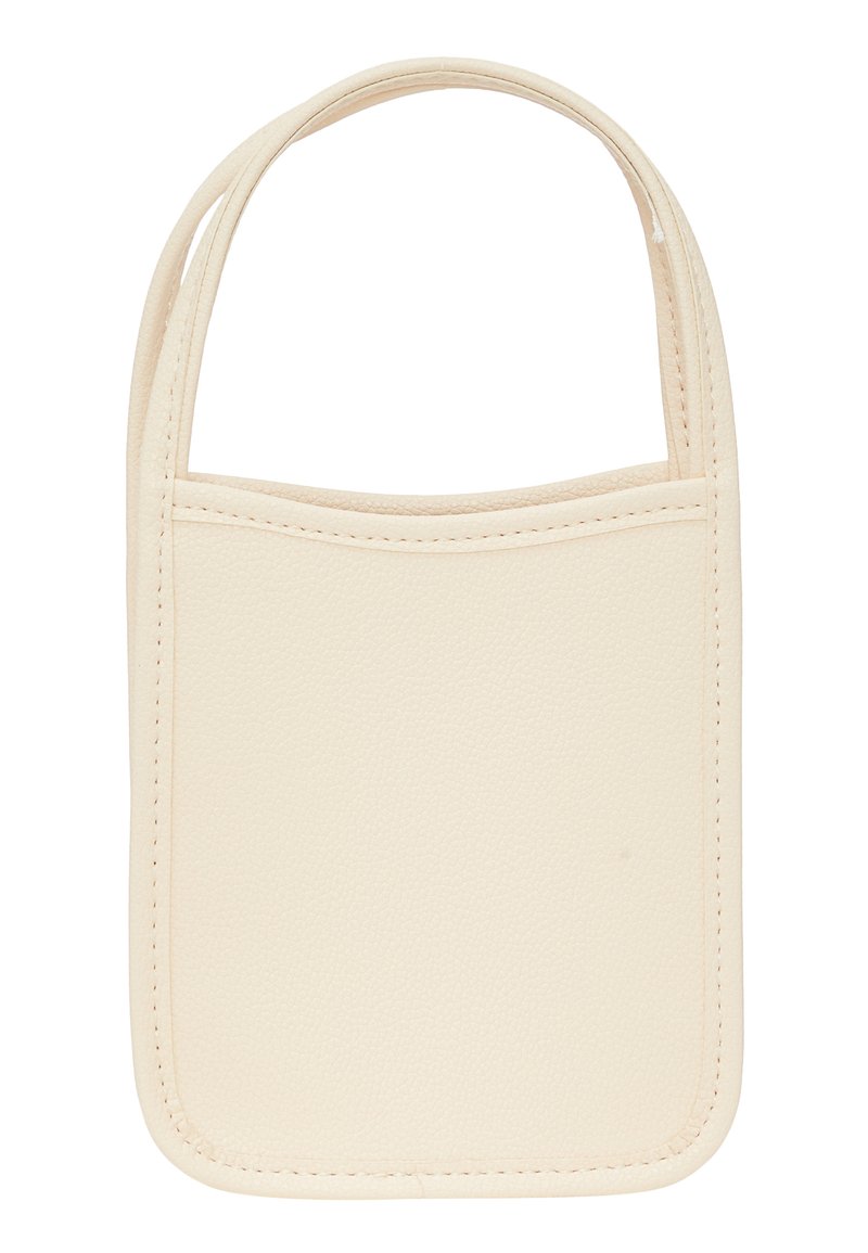 Borsa in ecopelle beige con superficie texturizzata, di forma rettangolare e con due manici. Caratterizzata da un design minimalista con angoli arrotondati.