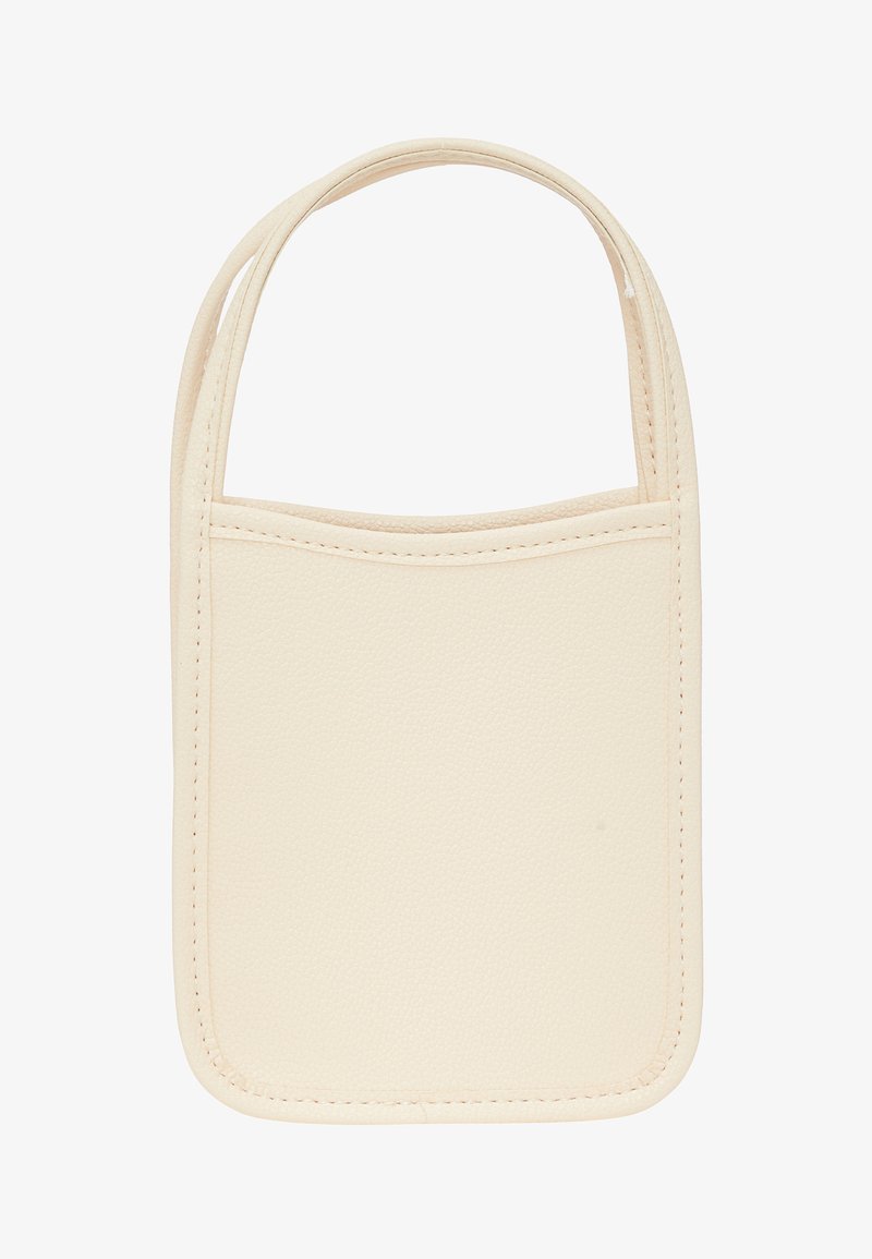 Borsa in ecopelle beige con superficie texturizzata, di forma rettangolare e con due manici. Caratterizzata da un design minimalista con angoli arrotondati.