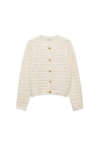 Cardigan tricoté crème avec un col rond, des manches longues, une texture côtelée verticale et six boutons dorés à l'avant.