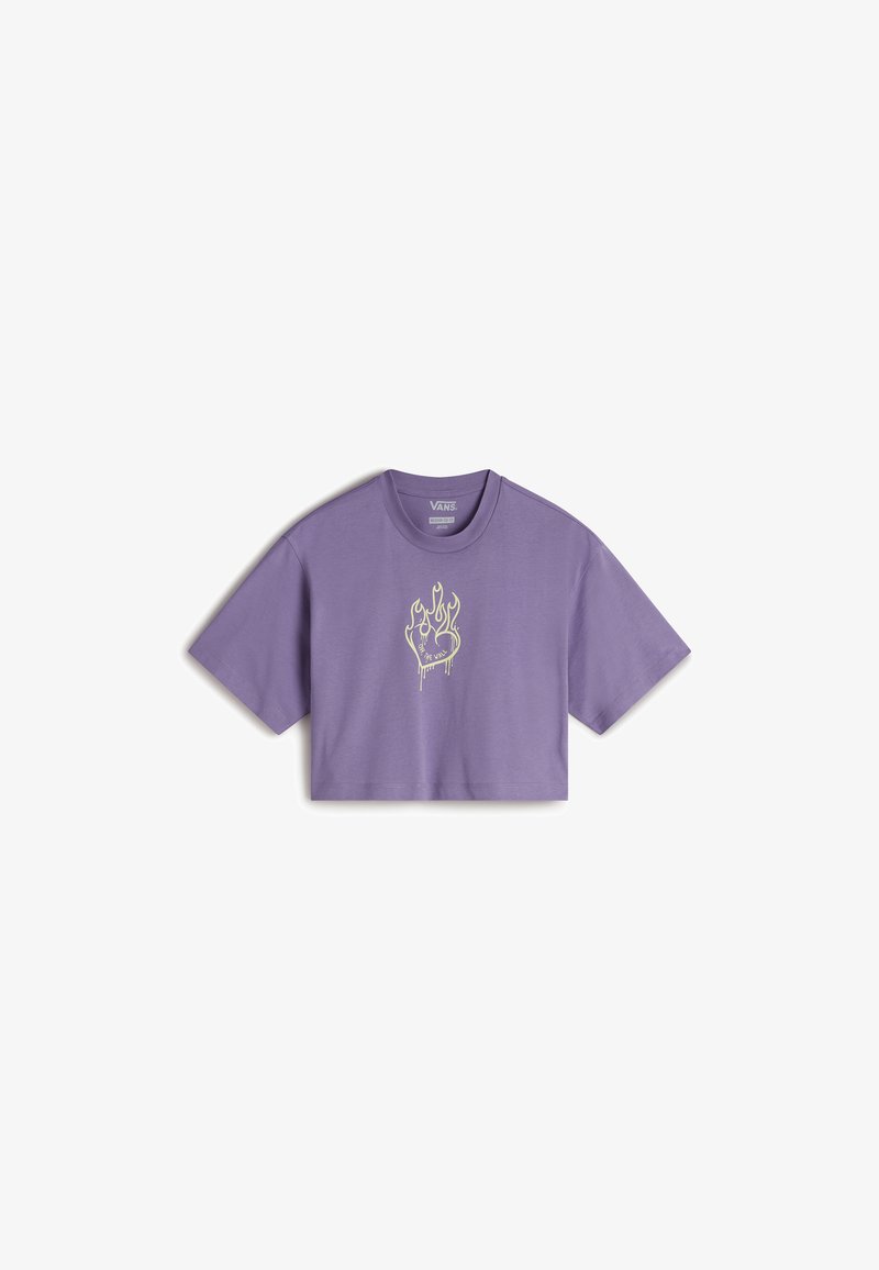 Fioletowy krótki t-shirt wykonany z bawełny, z krótkimi rękawami i grafiką płomienia w sercu, wydrukowaną na żółto.