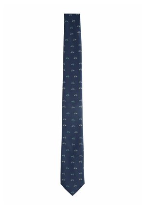 Navy tie with a textured finish, featuring a repeated bicycle pattern in light blue and gray. Slim design and pointed tip.