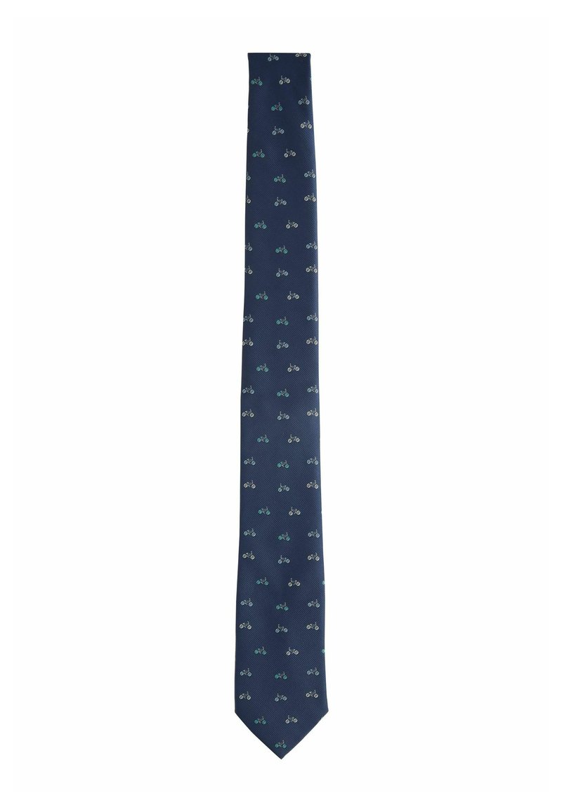 Marineblauer Krawatte mit strukturiertem Finish, versehen mit wiederholtem Fahrrad-Muster in Hellblau und Grau. Schlankes Design und spitze Spitze.