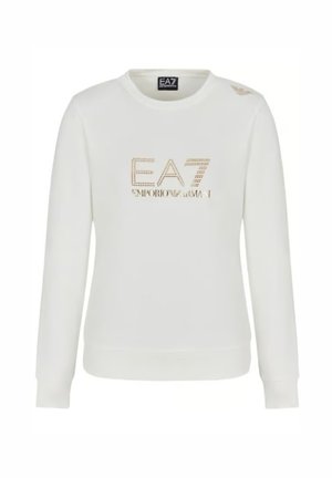 Felpa bianca realizzata in morbido tessuto con scollo rotondo. Include il logo "EA7 EMPORIO ARMANI" in strass dorati sul davanti.