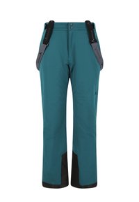Tealfarbene Outdoor-Hosen mit verstellbaren schwarzen Hosenträgern, zwei Fronttaschen und schwarzen unteren Säumen. Aus wasserdichtem Material mit glatter Textur.