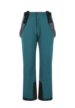 Pantaloni outdoor color teal con bretelle nere regolabili, due tasche frontali e polsini neri. Presenta materiale impermeabile e una texture liscia.