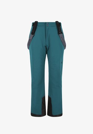 Pantaloni outdoor color teal con bretelle nere regolabili, due tasche frontali e polsini neri. Presenta materiale impermeabile e una texture liscia.