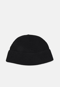 Zwarte gebreide beanie muts met een geribbelde textuur en een omgeslagen rand. Heeft een gecentreerde naad aan de bovenkant en een gladde, uniforme kleur.