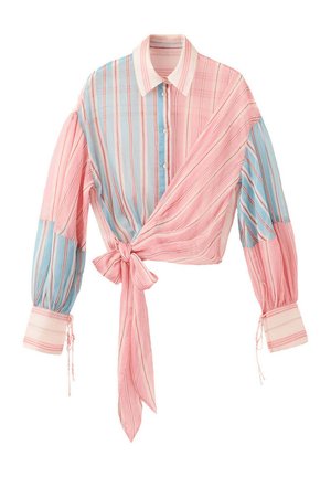 Bluzka z długim rękawem zapinana na guziki z pionowymi różowo-niebieskimi paskami, oversize mankietami oraz wiązaniem z przodu w talii.