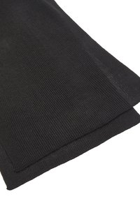 Black ribbed fabric with a textured surface, featuring a loose weave and straight cut edges, creating a soft, flexible drape.