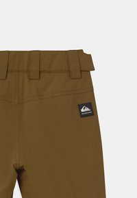 Bruine technische broeken met een gladde textuur, voorzien van een tailleband met riemlussen en een zwarte Quiksilver logo patch op de achterkant.